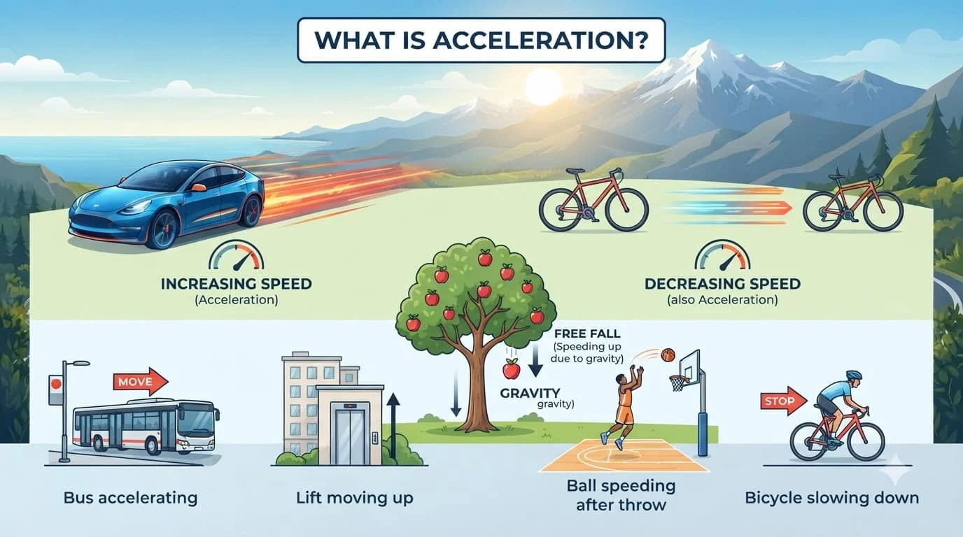 Everyday examples showing, What is acceleration in different real-life situations.